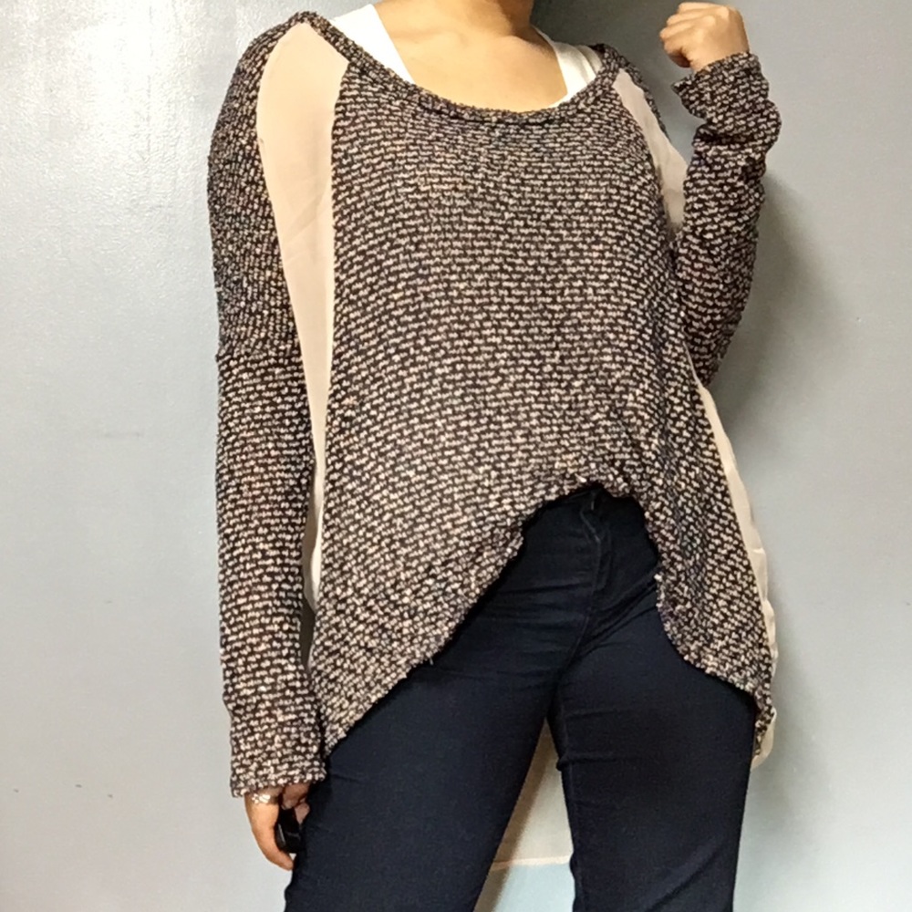 LUSH Contrast Panel Knit with Sheer Siding Slouchy Sweater